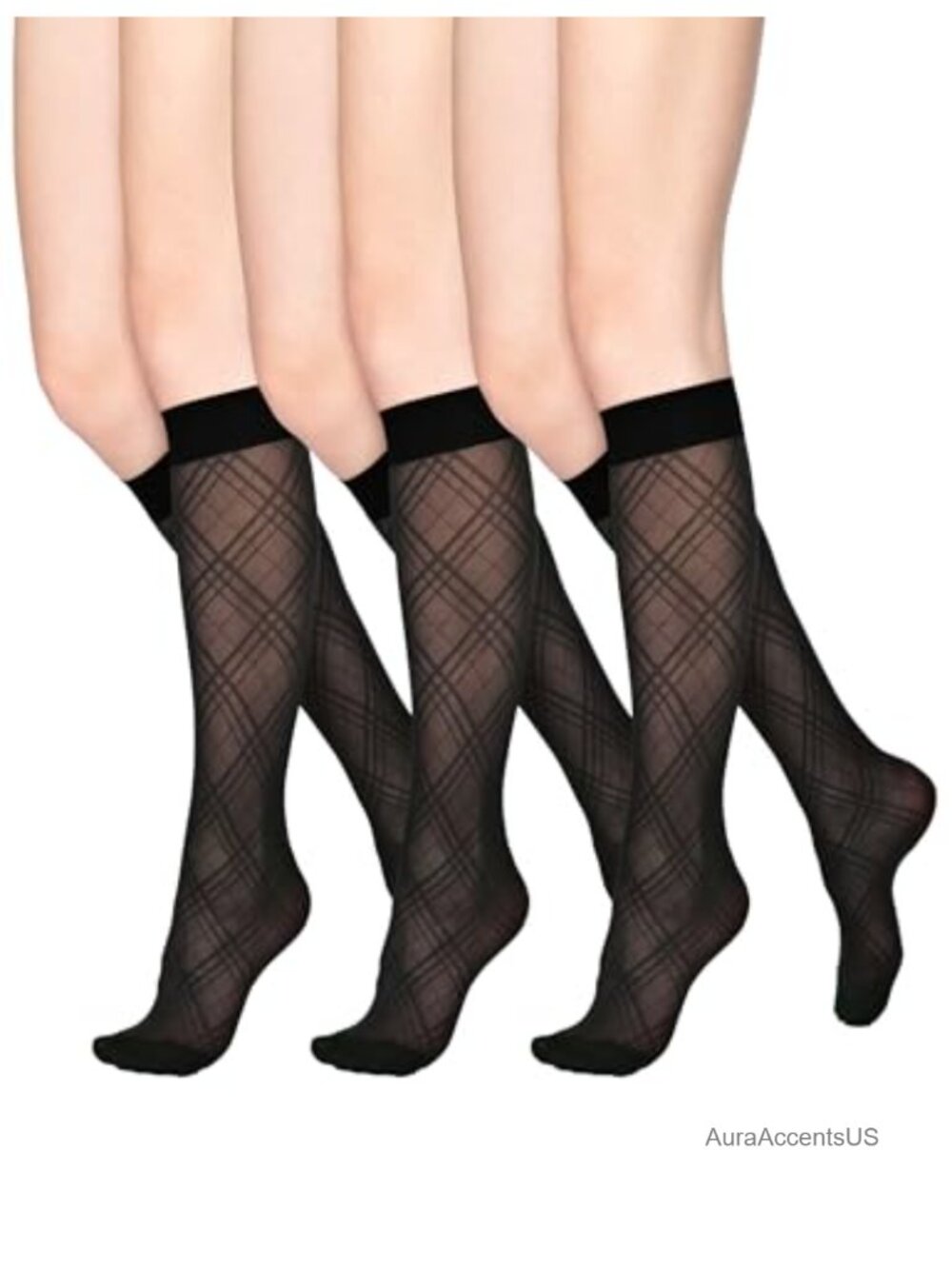 Sheer Knee High Socks Non Slip 40D Moisture Wicking 3 Pair Semi Sheer Nylon